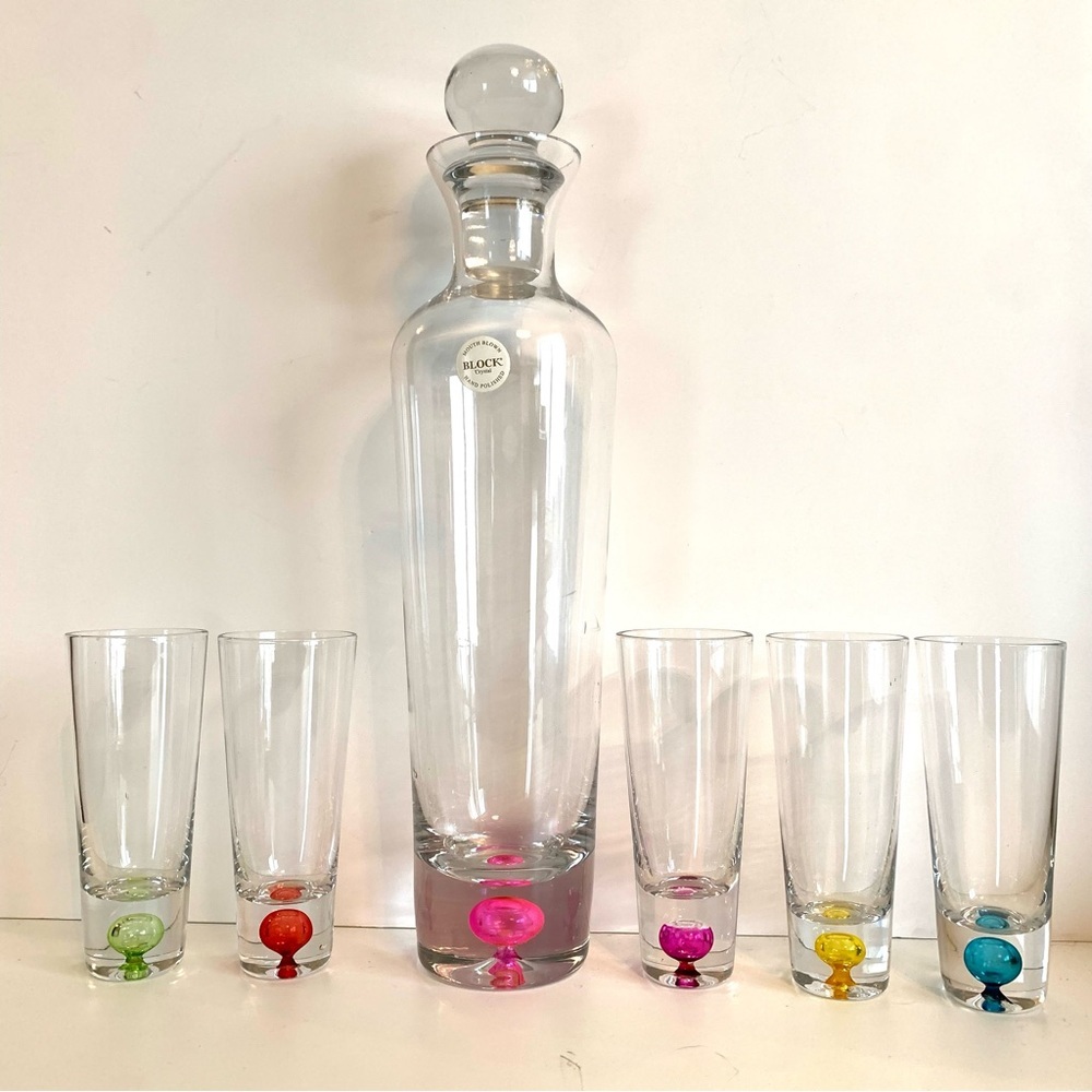 Vintage Block Crystal Glass Decanter Set Colorful Accents 5 cordial shot glasses